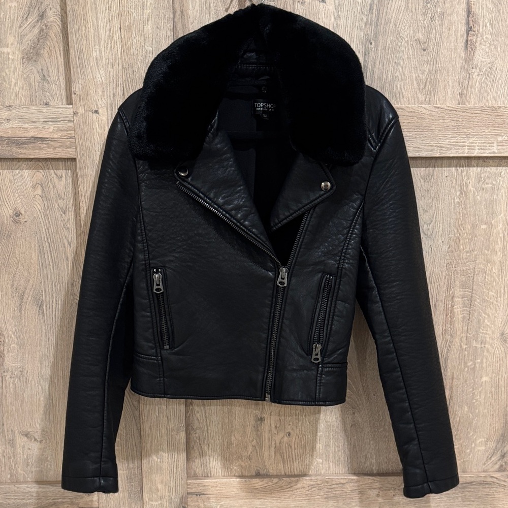 TOPSHOP Black Faux Leather Motorcycle Bomber Jacket Size 6